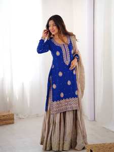 Ensemble élégant et festif Kurta Sharara en soie Chinon avec dupatta - Product Image 2