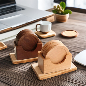 6 pièces ensemble de sous-verres ronds en bois antidérapants avec support en bois pour bureau, table à manger à la maison sous-verres gratuits - Product Image 6