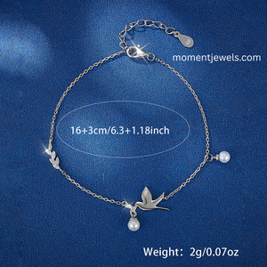 925 Silver Charm <b>Bracelet</b> Bird and Pearl Pendant Zircon Chain <b>Bracelet</b> Rhodium Plated Jewelry for Women - Product Image 1