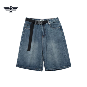 Shorts en jean taille haute pour homme, coupe large, décontracté, été, en coton tricoté, délavé foncé, respirant, déchiré, avec ceinture, style streetwear - Product Image 1