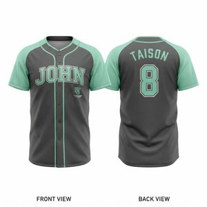 Maillot de baseball pour homme en maille polyester de qualité supérieure 140 GSM, vert menthe, panneaux raglan anthracite, nom et numéro personnalisés, grandes tailles, devant - Product Image 1