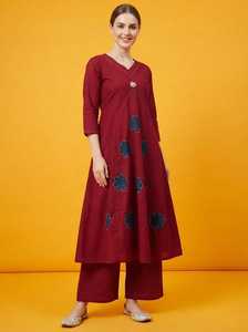 Women's Maroon Cotton Quick Dry A-Line <b>Kurti</b> Pant Suit Set Regular Fit Knee-Length Traditional <b>Indian</b> Wear Casual All Seasons - Product Image 3