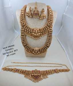 ชุดเครื่องประดับเจ้าสาวโบราณระดับพรีเมียมลายพระลักษมี พร้อมลูกปัดสีเขียวแบบหลายชั้น ชุดเครื่องประดับงานแต่งงานแบบดั้งเดิมสำหรับผู้หญิง - Product Image 3