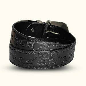 Cinturón de herramientas de cuero occidental negro grabado floral personalizado para unisex con 3 piezas de plata mate conjunto de hebilla de diseñador cinturón de herramientas - Product Image 5