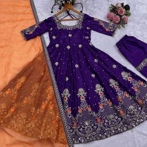 Royal Heavy Silk Zari <b>Sequins</b> Embroidered Gown <b>Pant</b> Set With Organza Dupatta featuring exquisite Zari Embroidery - Product Image 3