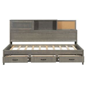 Divano letto singolo in legno grigio con 3 cassetti contenitore, ripiano superiore morbido e set di prese e porte USB - Product Image 4