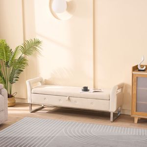 67.91\" Beige Wide Velvet Storage Soft <b>Bench</b> with Armrests for Living Room <b>Entryway</b> Bedroom Furniture - Product Image 1