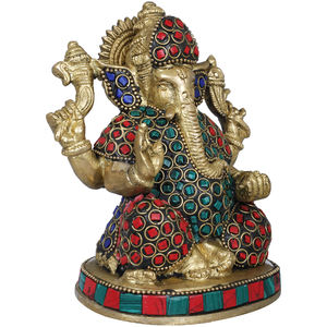 รูปปั้นพระพิฆเนศทองเหลืองขนาด4นิ้วทำด้วยมือรูปปั้นฝังขนาดเล็กสำหรับเป็นของขวัญผลิตในอินเดีย - Product Image 2