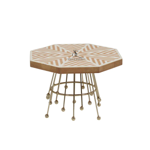 Octagonal <b>Top</b> Wood Resin Cake Stand Geometric Inlay Dessert Platter With Metal Gold Wire Cage Pedestal Base For Party Decor - Product Image 5
