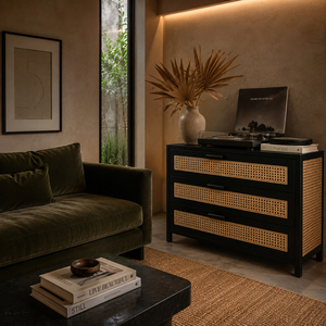 Global Wholesale Solid Teak Wood Modern Minimalist Lars Woven <b>Sideboard</b> Cabinet Black Finish Rattan Drawer Living Room <b>Storage</b> - Product Image 6