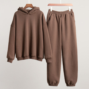 Unisex Brown Cotton Eco-friendly Lightweight 2 1 Design Tracksuit Hoodie Pants Set Solid Color Casual Regular Fit Full Length - Product Image 1