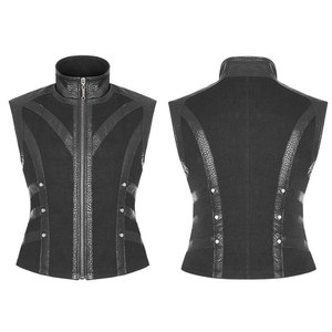 Men's <b>Gothic</b> Steampunk Waistcoat Vest Punk-Style Sleeveless <b>Jacket</b> Black Twill Cotton Faux Leather Panels Zipper Fastening - Product Image 1