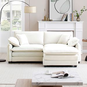 Two-Seater L-Shaped Corduroy <b>Sofa</b> with Ottoman Beige <b>Small</b> Living Spaces Living Room Furniture - Product Image 2