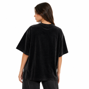 เสื้อยืดคอกลมแขนสั้นผ้ากำมะหยี่ผสมไหม/ฝ้ายทรงโอเวอร์ไซส์สำหรับผู้ชาย สีดำสนิท  โลโก้ประดับเพชรด้านหน้า เป็นมิตรต่อสิ่งแวดล้อม แห้งเร็ว - Product Image 2