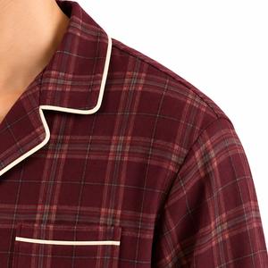 <b>Men</b> Plaid Woven Soft Casual <b>Pajama</b> <b>Set</b> Long Sleeve Button Sleepwear Autumn Warm Loungewear Matching Lounge Pants Maroon - Product Image 4