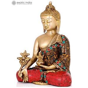 Sculpture de bouddha de médecine bouddhiste tibétaine de 7 pouces faite à la main en laiton avec incrustation complexe pour les cadeaux fabriqués en Inde - Product Image 3