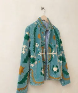 Bohemian Sky Blue Velvet Floral Embroidered Suzani Jacket Full Sleeve Stand Collar Handmade <b>Spring</b> <b>Women's</b> <b>Coat</b> - Product Image 2