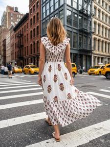 Robe midi décontractée en coton pour femme, style bohème floral, à volants, col en V, sans manches, coupe trapèze, respirante, idéale pour l'automne et le streetwear. - Product Image 2