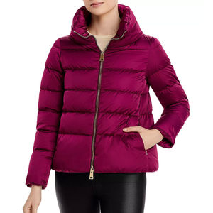 Women's Burgundy Quilted Puffer Jacket Full Sleeve <b>Stand</b> Collar Zipper Closure Solid Color Winter Outerwear Short Length - Product Image 5