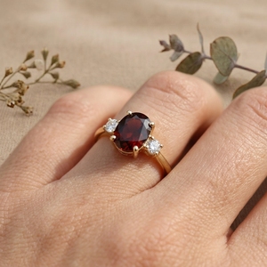Oval Garnet Engagement <b>Ring</b> 14K Gold Three <b>Stone</b> <b>Ring</b> January Birthstone Promise <b>Ring</b> for Women - Product Image 4