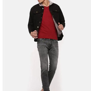 Veste en jean noire pour homme avec col en fausse fourrure, style décontracté, coupe classique, fermeture à boutons, vêtement d'automne - Product Image 6