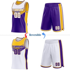 Ensemble de maillots de basket-ball réversibles haut de gamme, uniforme d'équipe personnalisé violet et or, 100% polyester, maille respirante, fabricant OEM ODM - Product Image 4