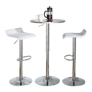Set da Bar Contemporaneo in 3 Pezzi, Argento e Cromo, con Tavolo Rotondo e Poggiapiedi Ovale Regolabile in PVC Bianco - Product Image 1