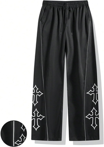 Pantalones Deportivos Holgados Negros para Hombre con Franja Lateral Blanca, Bordado Cruzado, Cintura Elástica con Cordón, Estilo Urbano Informal - Product Image 4