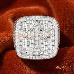Men's 925 Sterling Silver Iced Out Cross Ring - Baguette Cut & Round Moissanite Stones - Hip Hop Statement - Product Image 1