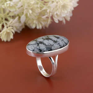 Anillo de plata esterlina 925 hecho a mano, anillo de declaración de obsidiana de copo de nieve blanco negro, anillo de obsidiana hecho a mano con bisel simple - Product Image 5