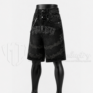Shorts en jean baggy noirs pour homme, style gothique streetwear, avec design graphique - Product Image 3