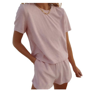 Women 2 Piece Terry Cotton Lounge <b>Set</b> Solid Color Short Sleeve Tee and Shorts Casual Summer Outfit Round Neck Elastic Waist - Product Image 4