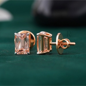 4.07 CT Pink Freshwater Pearl <b>Stud</b> <b>Earrings</b> <b>Emerald</b> Cut Lab Grown Diamond with 14K Rose Gold Rhodium Gold Plating Screw Pattern - Product Image 2