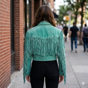 Sky Blue Suede <b>Fringe</b> Western Cropped <b>Jacket</b> Handmade Boho Tassel Leather Coat - Product Image 3