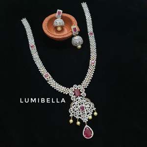 Fashion Jewelry Set White Polish CZ Long <b>Necklace</b> with <b>Ruby</b> Embellishment - Product Image 2