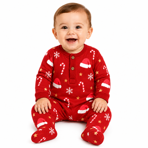 Combinaison de Noël rouge pour bébé, avec chapeau de Père Noël, imprimé canne à sucre et flocon de neige, manches longues, boutonnée sur le devant, vêtements de nuit pour nourrissons et tout-petits, en Spandex/Coton - Product Image 1
