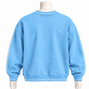 Mens <b>Sky</b> <b>Blue</b> Stitched Border Distressed Crewneck Sweatshirt Oversized Pullover Long Sleeve Casual Streetwear Sports Fashion <b>Top</b> - Product Image 2