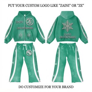 Zaini Enterprises Premium 350gsm <b>Velour</b> Men's <b>Tracksuit</b> Set 100% Cotton Soft Green Hoodie Jogger White Side Panels Rhinestone - Product Image 1