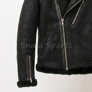 Veste d'aviateur en cuir véritable noir pour homme, col rabattu, coupe-vent, style streetwear, chaude, imperméable, avec fourrure - Product Image 4