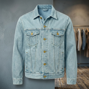 Veste en jean bleu clair pour homme, style décontracté, col rabattu, simple boutonnage, coton délavé, style printemps - Product Image 3