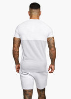 T-shirt à manches courtes pour hommes, blanc et gris, avec blocs de couleur, short assorti, ensemble 2 pièces, tenue de sport, de gym, d'entraînement, de course