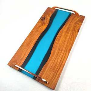 Bandeja rectangular de madera con incrustaciones de resina azul para servir frutas y alimentos en el hogar, bodas, hoteles, con asa negra. - Product Image 1