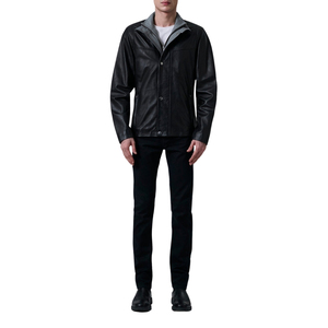 Veste moto en cuir véritable pour homme, col montant, fermeture éclair, coupe classique, couleur unie noire, pour l'automne - Product Image 5