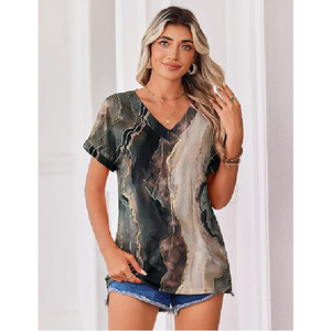 Blusa de Verano Casual Elegante para Mujer con Estampado de Mármol y Gráficos de Vetas Doradas, Cuello en V y Manga Corta, Venta al por Mayor - Product Image 5