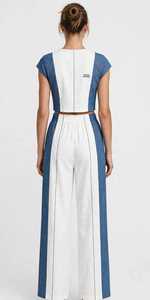 Women Color Block Denim <b>2</b> <b>Piece</b> <b>Set</b> Crop <b>Top</b> Wide Leg Pants - Product Image 3