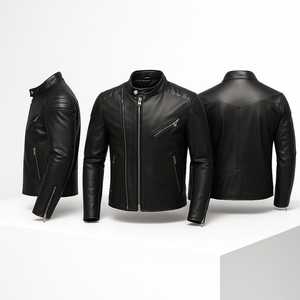 Blouson de moto en cuir véritable pour homme, noir, coupe ajustée, col montant, fermeture éclair, style motard, pour l'automne - Product Image 6