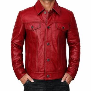Unisex <b>Red</b> Genuine <b>Leather</b> <b>Jacket</b> Stand Collar Single Breasted Casual Slim Fit Winter Regular Sleeve Solid Color Front Windproof - Product Image 1