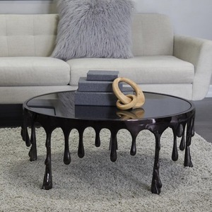 Table basse noire moderne avec base en résine effet goutte d'eau, mobilier de salon contemporain, design décoratif, plateau en verre trempé - Product Image 5