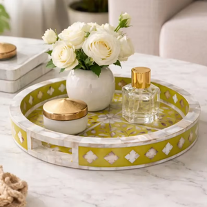 Yellow Mother of Pearl Inlay <b>Round</b> <b>Tray</b>, Floral Bone Inlay Serving Decor - Product Image 1