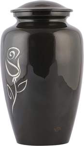 Urne funéraire cylindrique en aluminium noir brillant, finition métallique, motif floral, durable, légère, pour le stockage des cendres. - Product Image 3